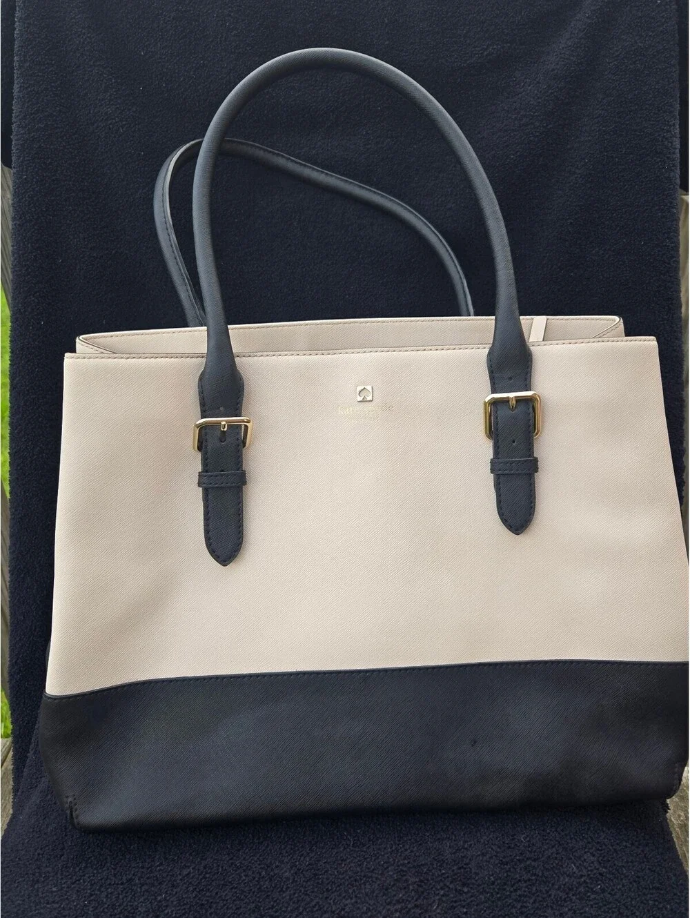 Kate Spade New York Colorblock Tote Handbag Cream Black Leather Shoulder